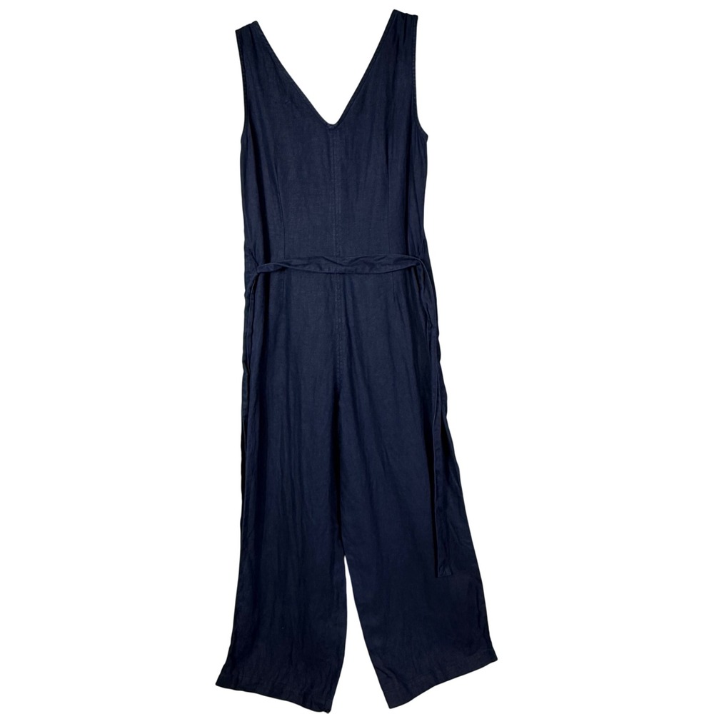 Faherty Catalina Jumpsuit Womens XS Navy Blue 100% Linen Sleeveless V-neck Belt - Picture 3 of 14